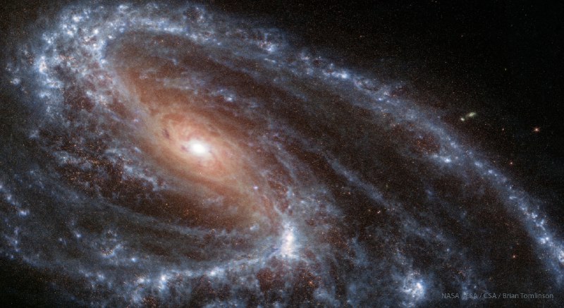 Why isn't spiral galaxy M66 symmetric?  Usually, density waves of gas, dust, and newly formed stars circle a spiral galaxy's center and create a nearly symmetric galaxy.  The differences between M66's spiral arms and the apparent displacement of its nucleus are all likely caused by previous close interactions and the tidal gravitational pulls of nearby galaxy neighbors M65 and NGC 3628. The galaxy, featured here in infrared light taken by the James Webb Space Telescope, spans about 100,000 light years, lies about 35 million light years distant, and is the largest galaxy in a group known as the Leo Triplet.  Like many spiral galaxies, the long and intricate dust lanes of M66 are seen intertwined with the bright stars and intergalactic dust that follow the spiral arms.