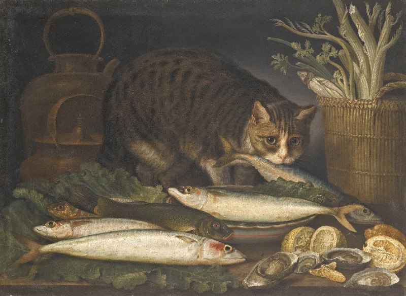 ๛ Giovanni Rivalta Still life with a cat and a mackerel on a table top