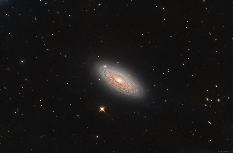 Spiral Galaxy NGC 2841A mere 46 million light-years distant, spiral galaxy NGC 2841 can be found in planet Earth's night sky toward the northern constellation of Ursa Major. This sharp image centered on the gorgeous island universe also captures spiky foreground Milky Way stars and more distant background galaxies within the same telescopic field of view. It shows off the bright nucleus of NGC 2841, along with its inclined galactic disk, and faint outer regions.  Dust lanes, small star-forming regions, and young star clusters are embedded in the galaxy's patchy, tightly wound spiral arms. In contrast, many other spirals exhibit broader, sweeping arms with large star-forming regions.  NGC 2841 has a diameter of over 150,000 light-years, making it even larger than our own Milky Way. X-ray images suggest that extreme outflows from giant stars and stellar explosions create plumes of hot gas extending into a halo around NGC 2841.